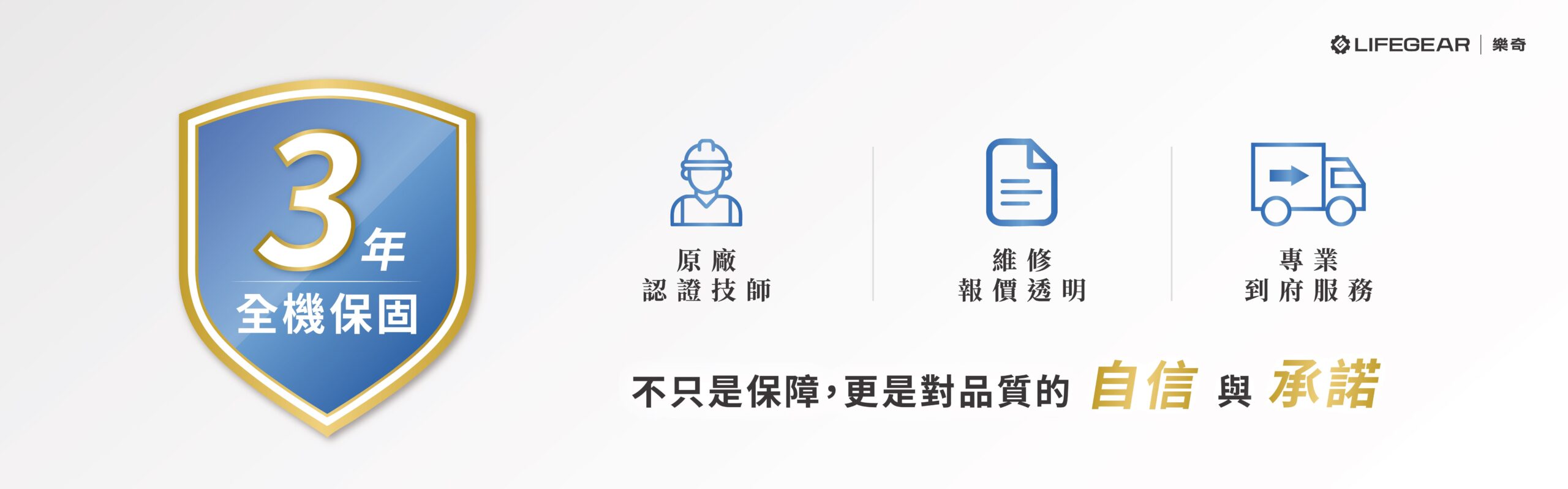 樂奇三年全機保固示意圖，包含原廠認證技師、透明維修報價與專業到府服務三大保障