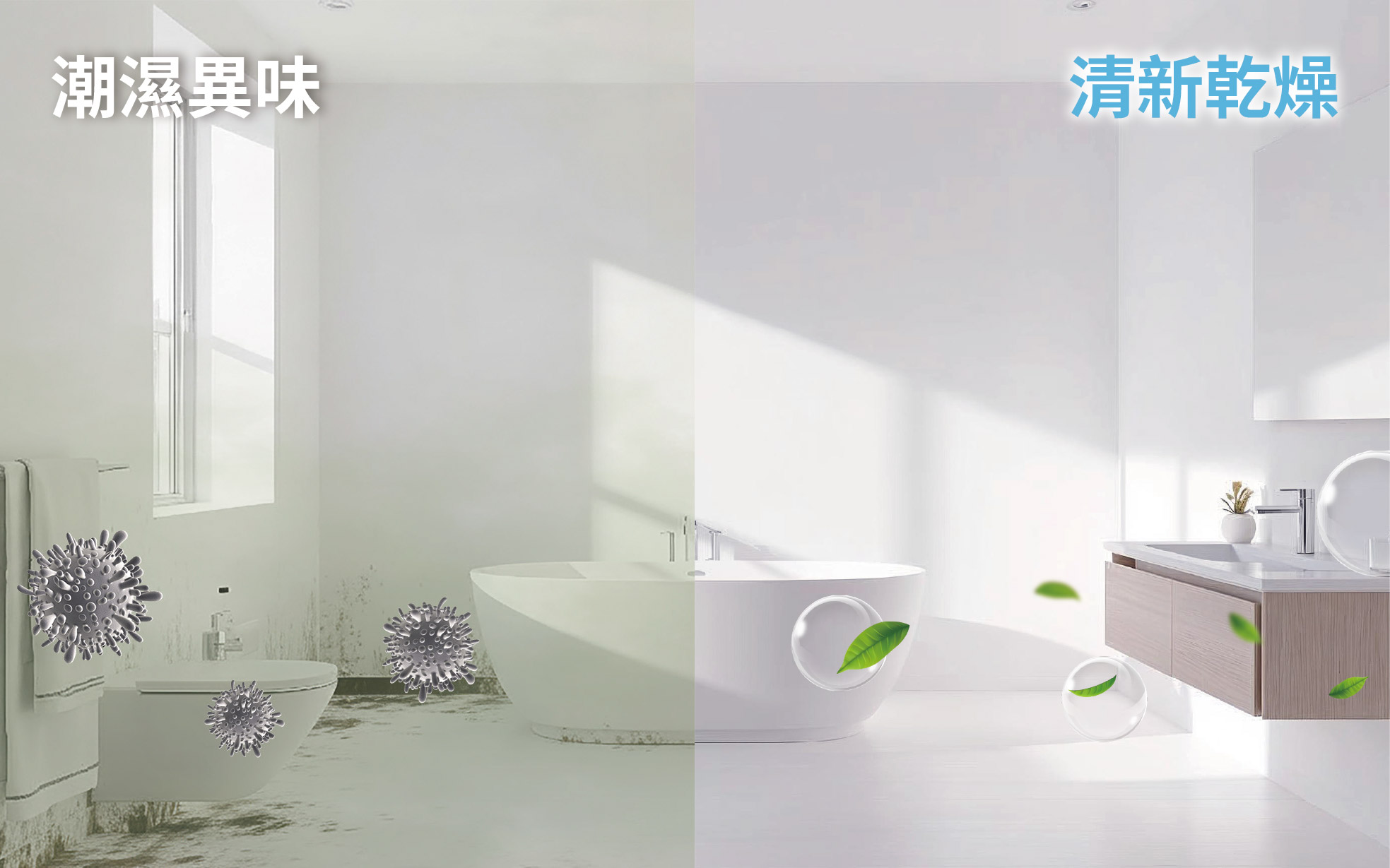 結合PLASMA SSS技術和全天候AI溫濕管理的浴室乾爽效果示意圖